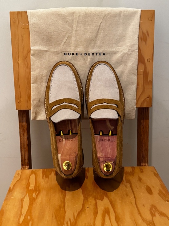 Duke + Dexter | NWOT | Two Tone Wilde Beige + White Suede Penny Loafer (US 13)